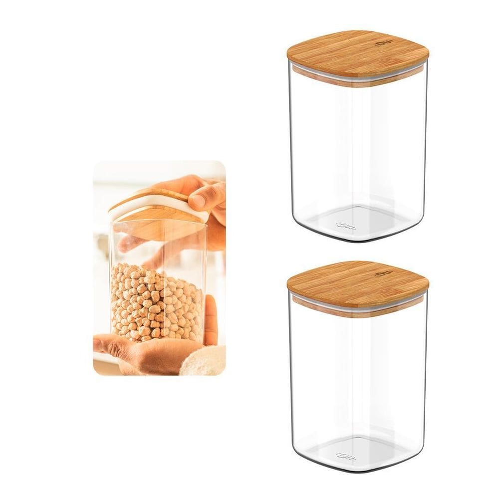 Kit Com 2 Potes Herméticos 1 Litro Com Tampa De Bambu - Ou