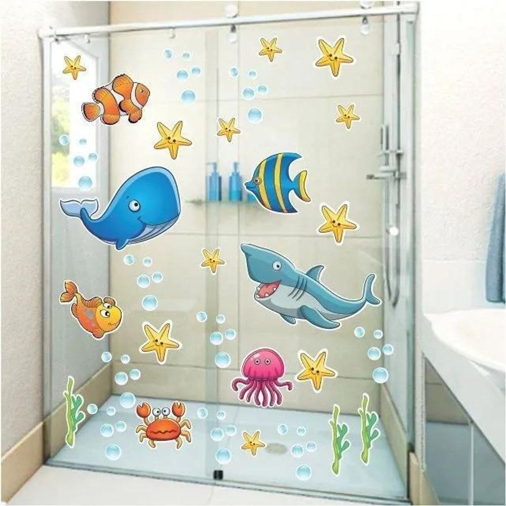 2X Adesivo Infantil Box Banheiro Peixes Fundo Do Mar Cor Out