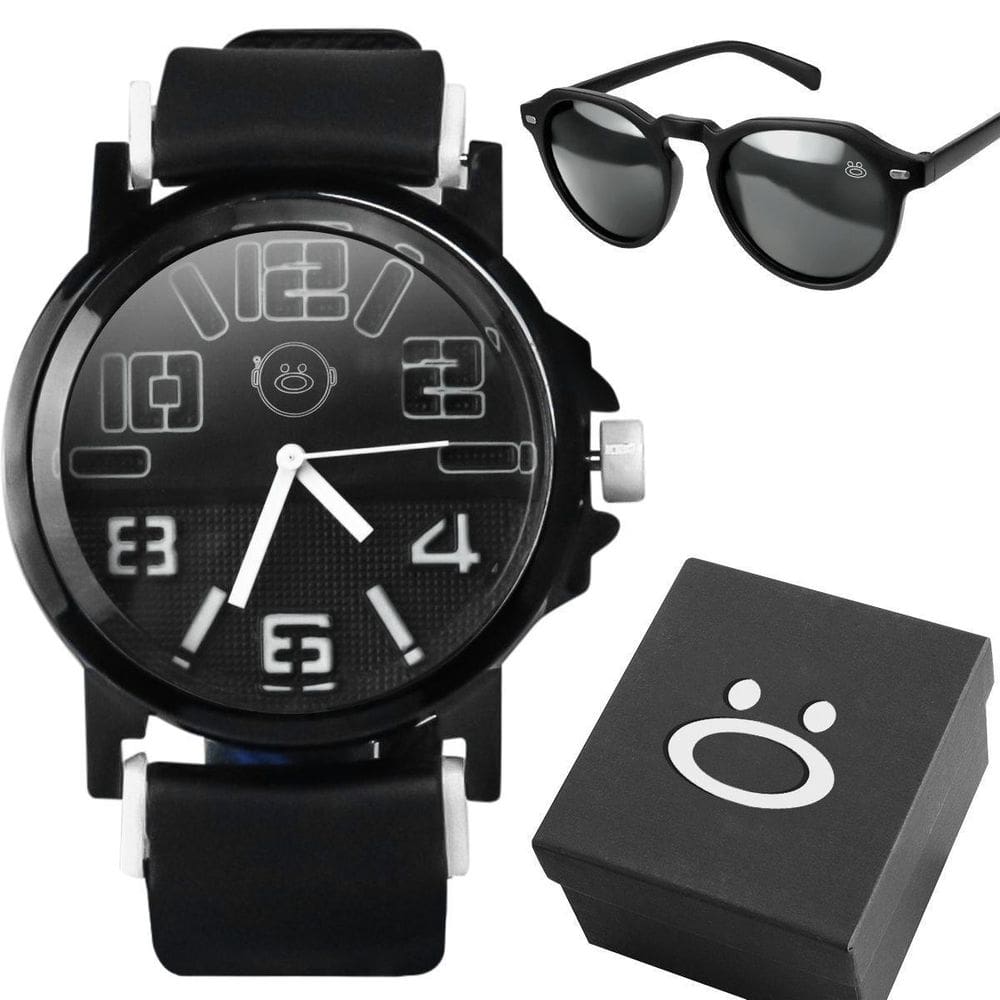 Relogio Masculino Preto Aço Inoxidável + Oculos Sol + Caixa