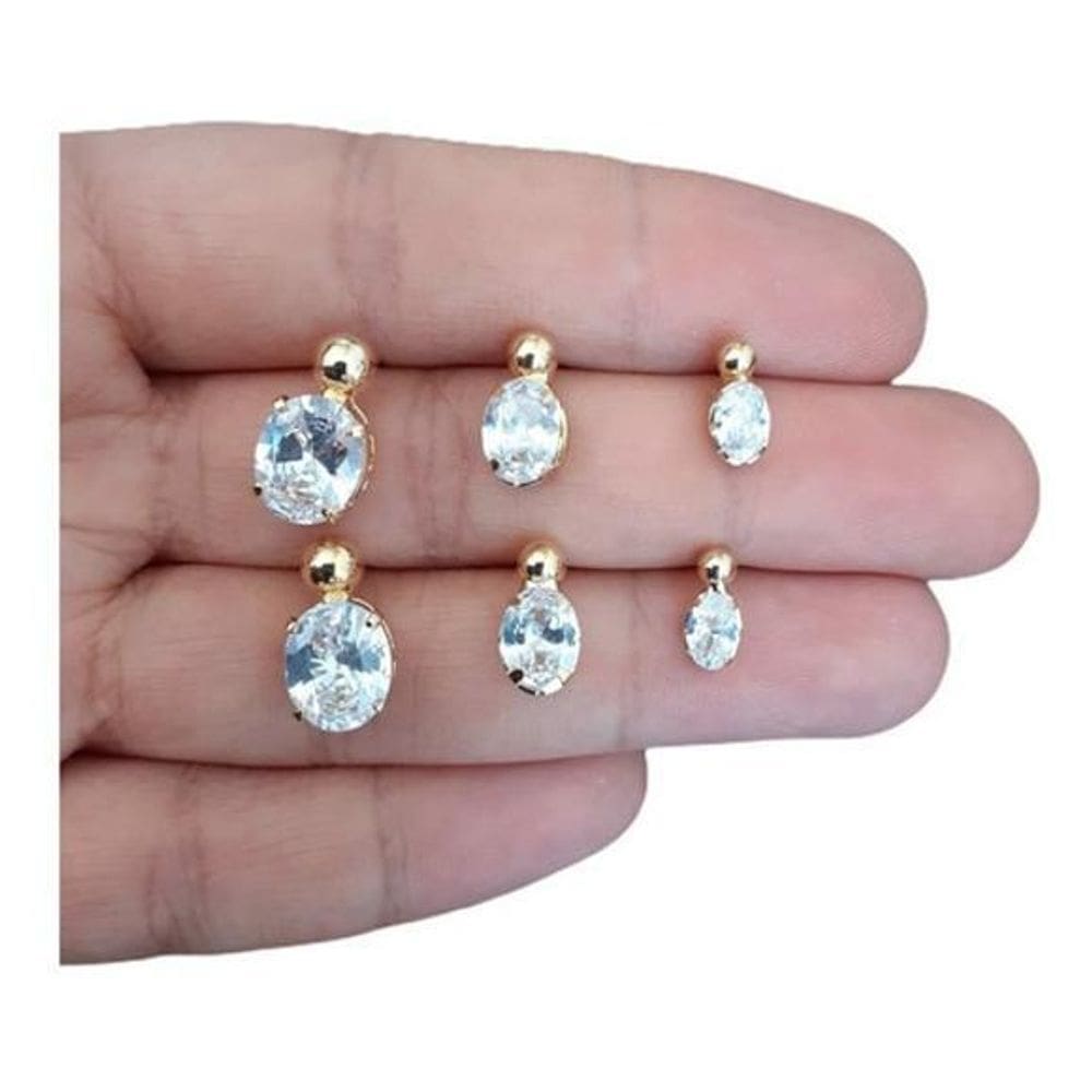 Trio Brinco Pedra Zirconia Oval F Ouro 18K Dourado Folheado