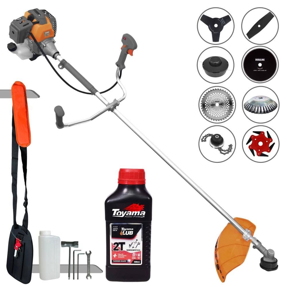 Roçadeira Profissional Tekna RL430-P À Gasolina 43cc Para Todos os Tipos de Trabalho Com Carretel Nylon + Kit 7 Lâminas de Cortes + ÓLEO TOYAMA 2T