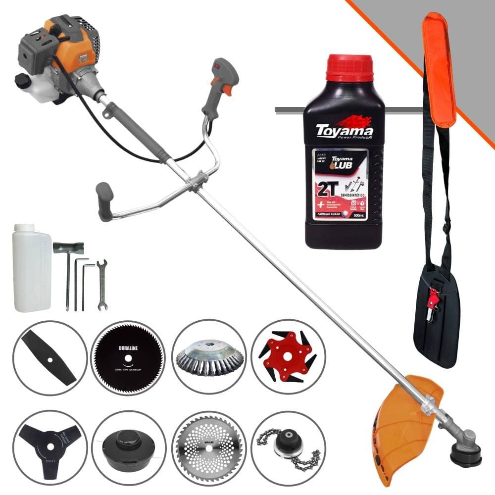 Roçadeira Tekna RL430P 43cc 1,7HP Com Carretel + Lâminas 2 Pontas, 3 Pontas, 6 Pontas, 40 Dentes, 80 Dentes, Trimmer e Escova de Aço + ÓLEO TOYAMA