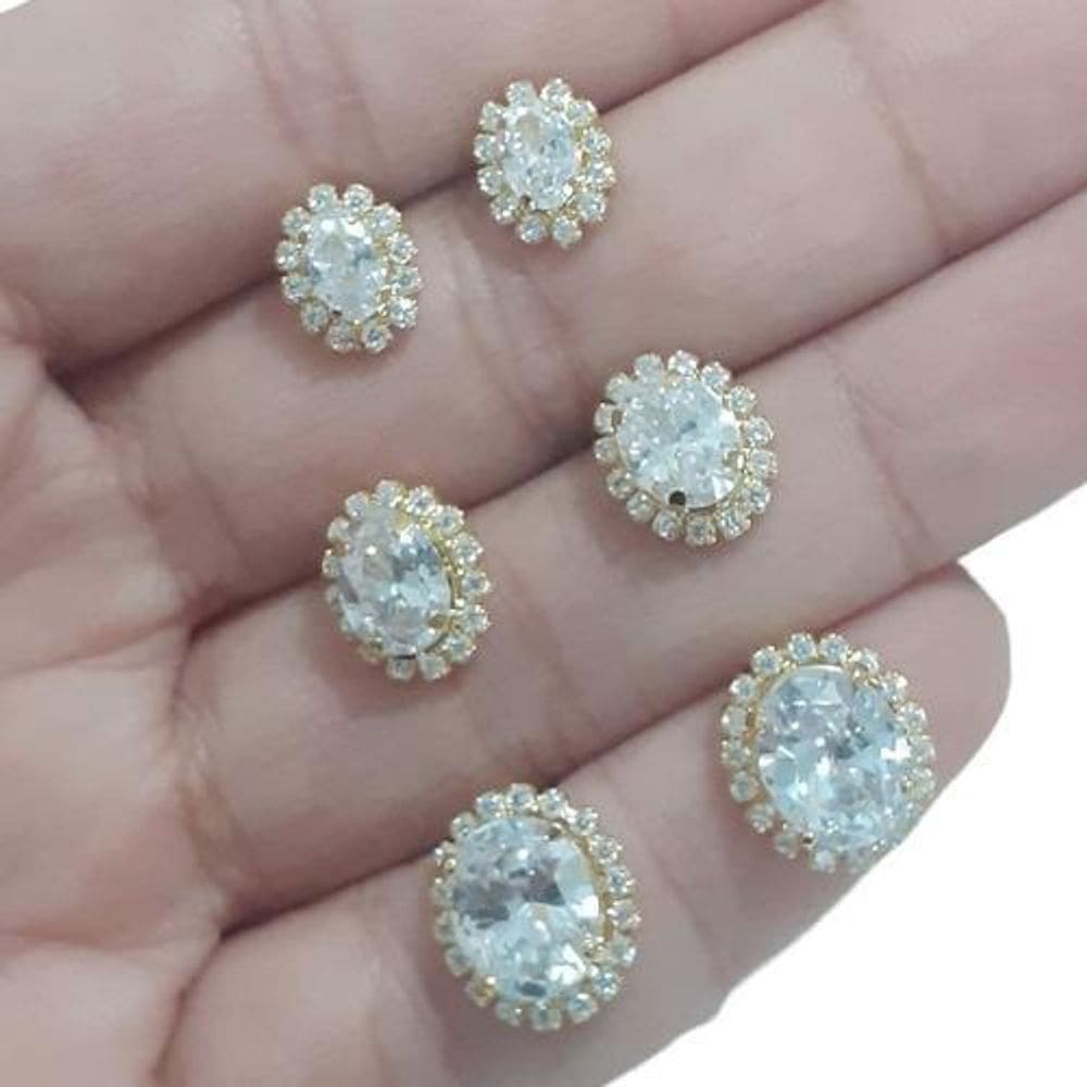 Trio Brinco Pedra Zirconia Oval Folheado Ouro 18K Dourado