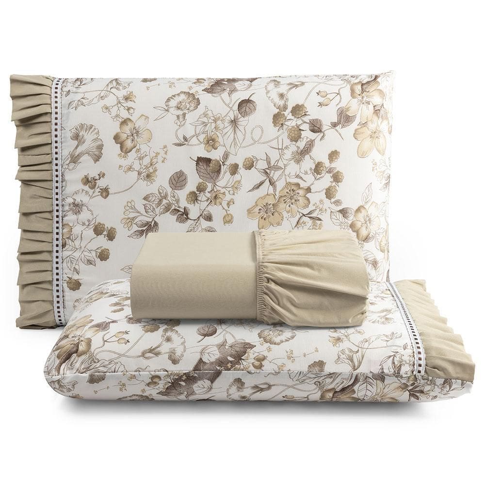 Jogo Lençol Fiore Queen 180 Fios 100% Algodão 3P Bege Floral