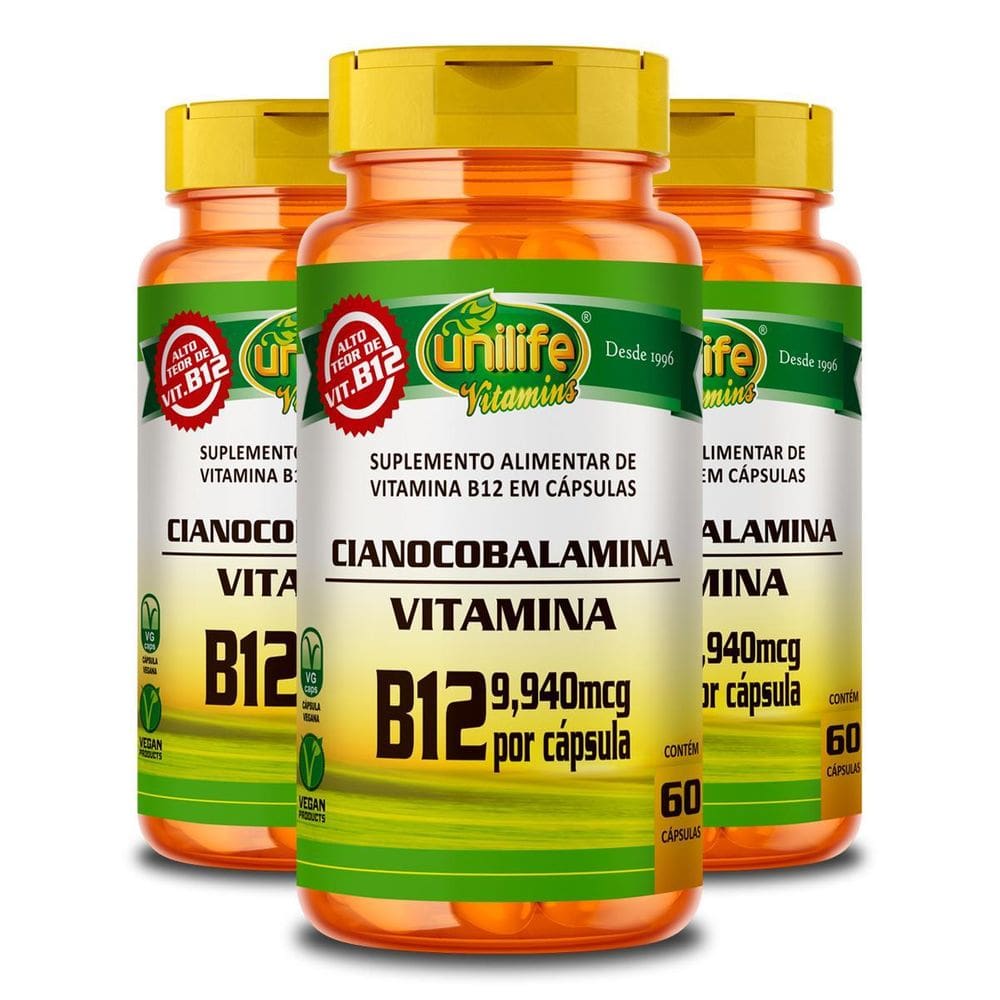 Kit 3 Vitamina B12 Cianocobalamina Unilife 60 Cápsulas
