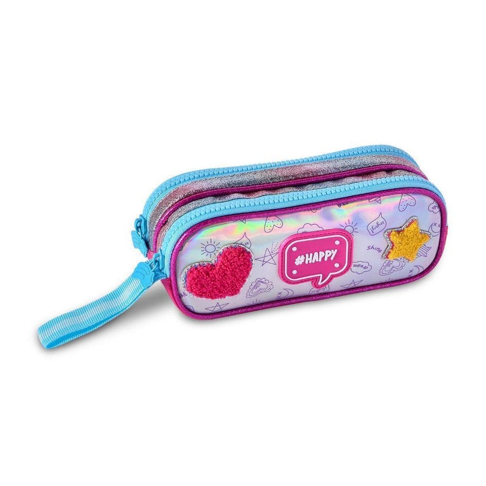 Estojo Duplo Escolar Holográfico Happy Infantil Alça - Azul