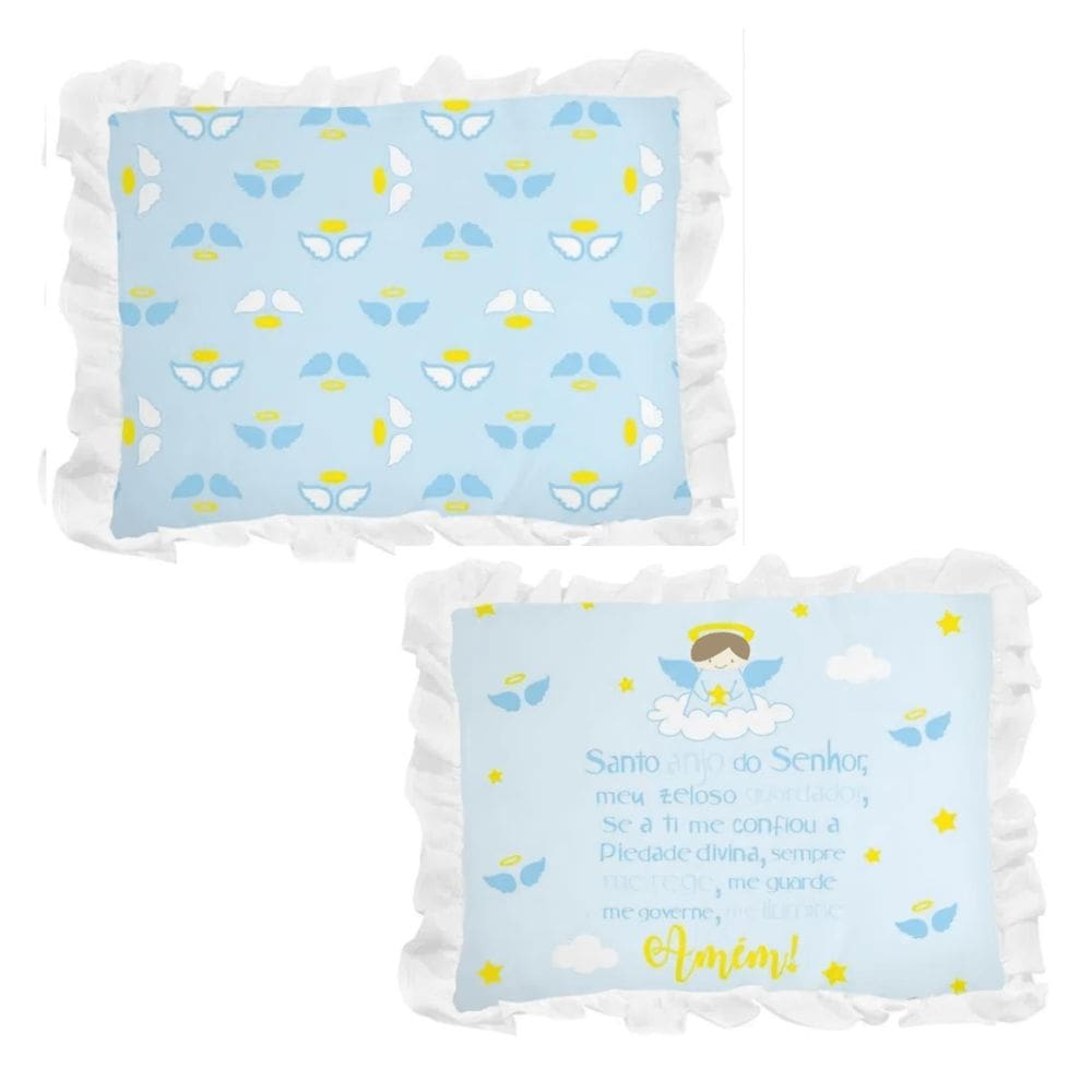 1 Travesseiro Bebê Azul Oração Anjinho Da Guarda Luxo Babado