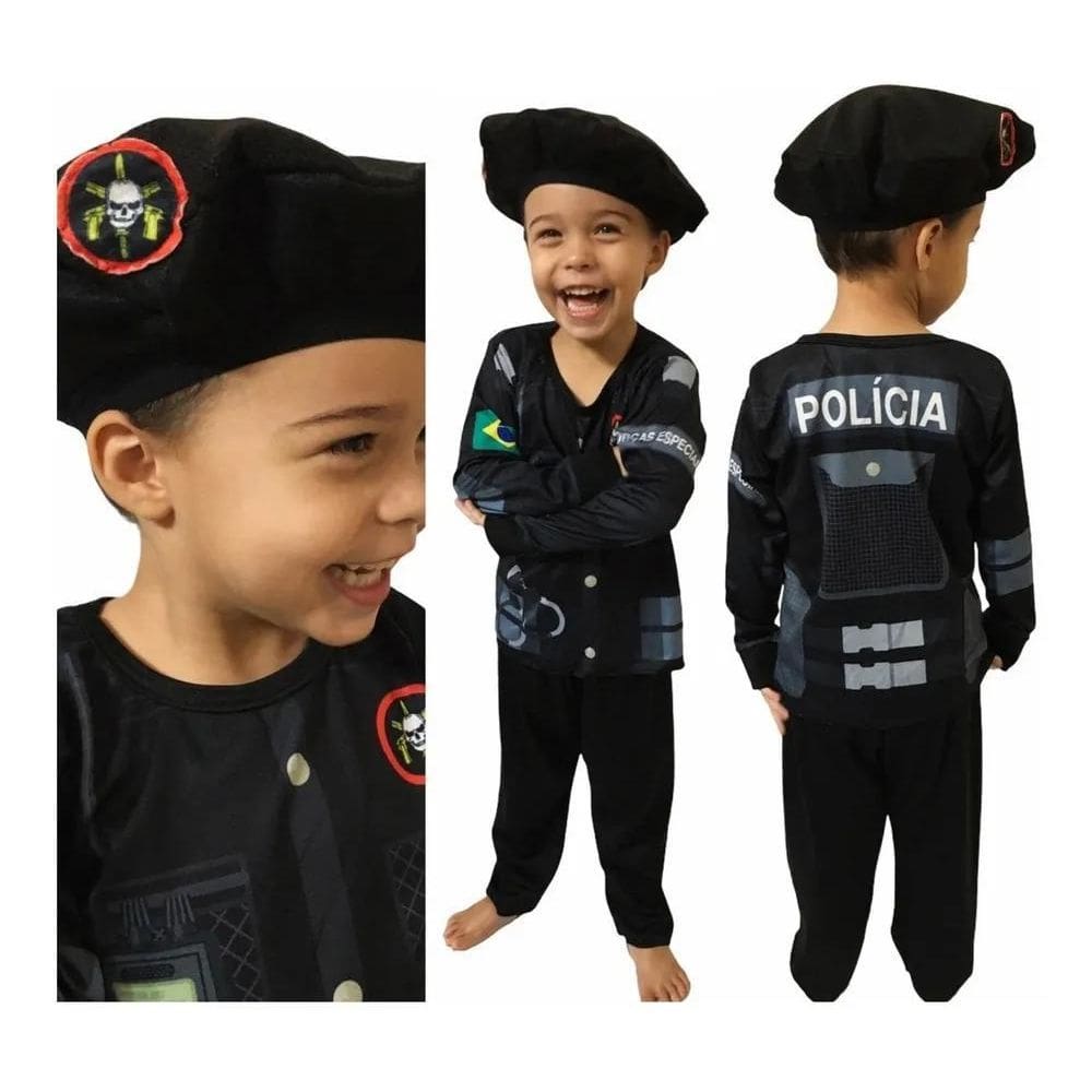 2X Fantasia Policial Infantil + Boina Profissão Barato Crian