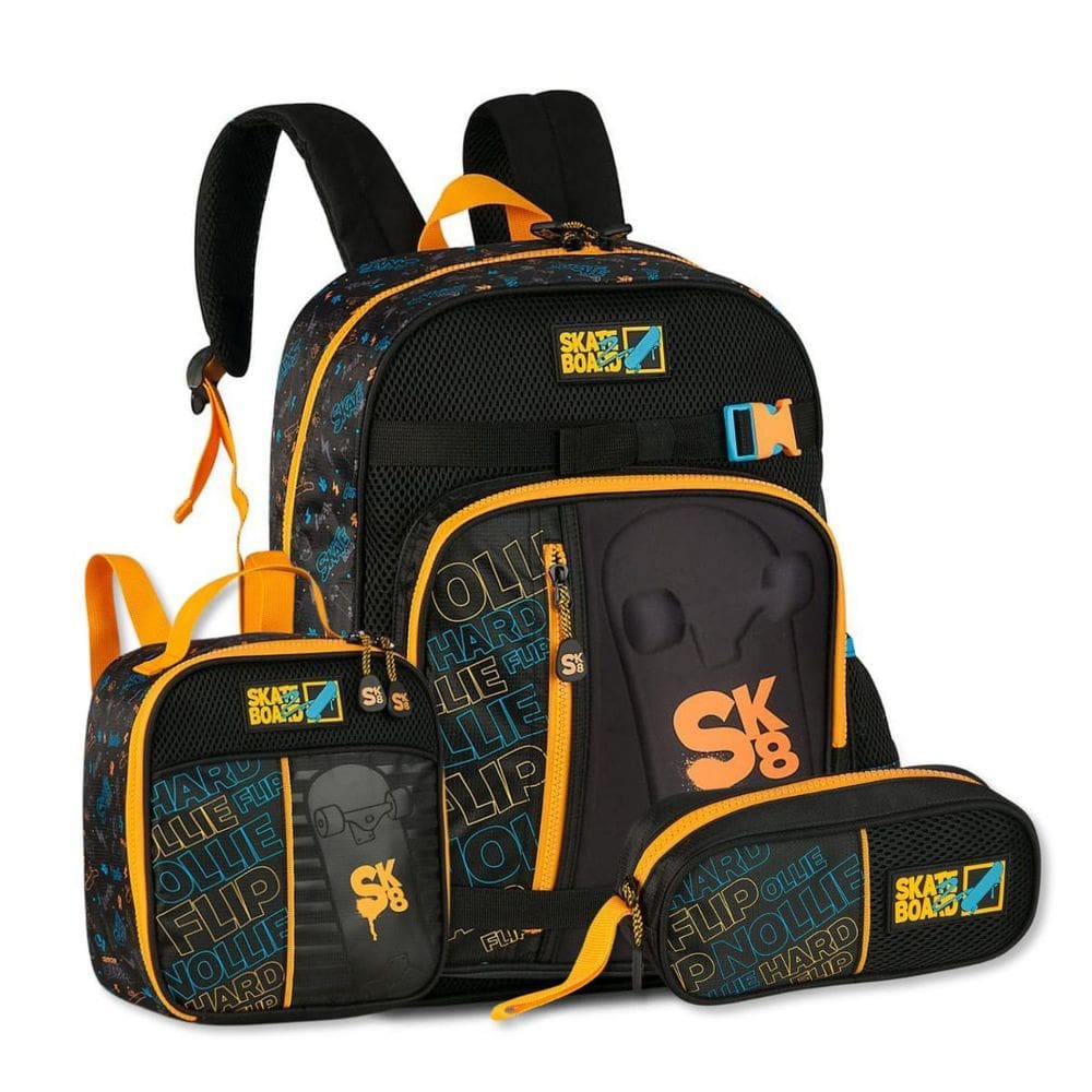 Kit Mochila Infantil Masculina Skate Com Lancheira E Estojo
