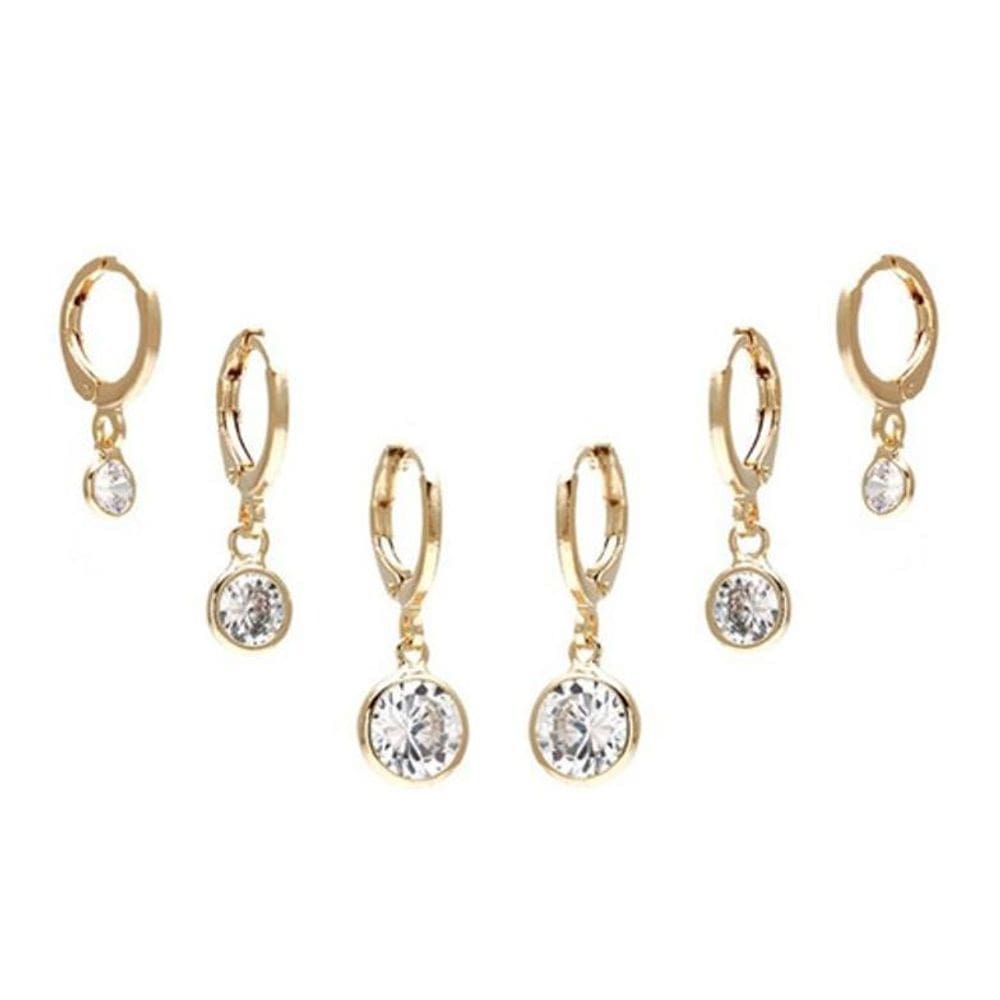 Trio Brinco Argola Pedra Zirconia Folheado Pingente Zirconia