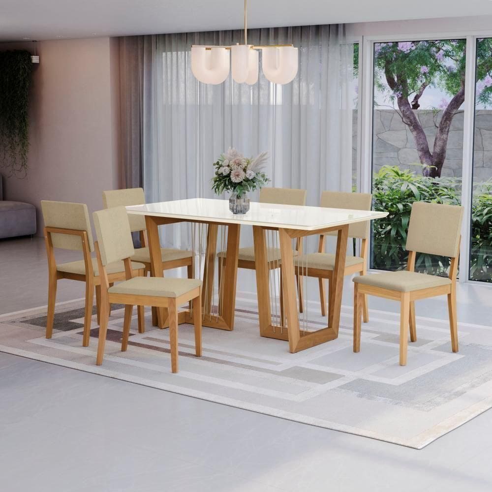 Conjunto Sala De Jantar Dora Em Madeira Maciça 6 Cadeiras Boucle Bege