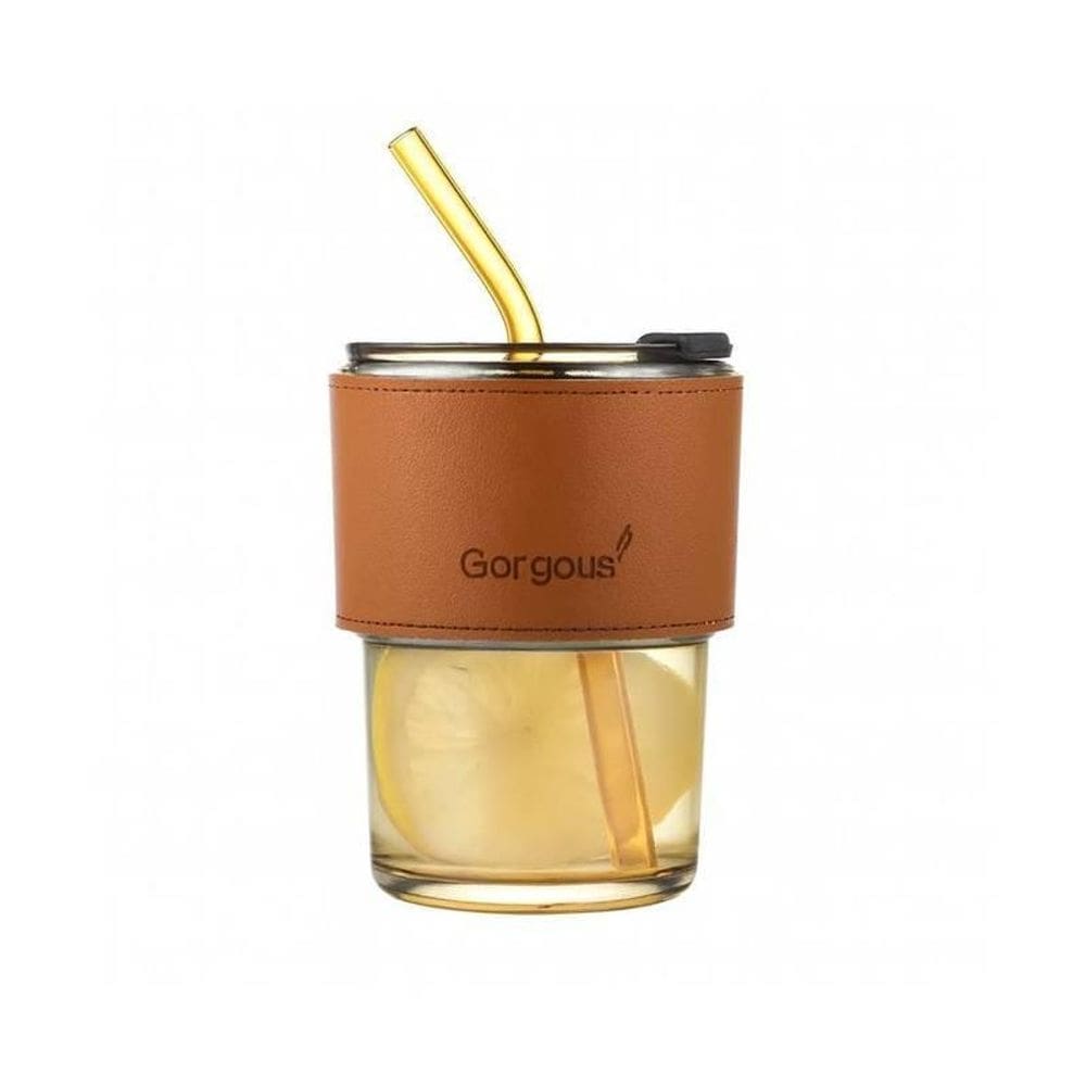 Copo De Vidro Dourado 450Ml Com Canudo E Tampa Hermética