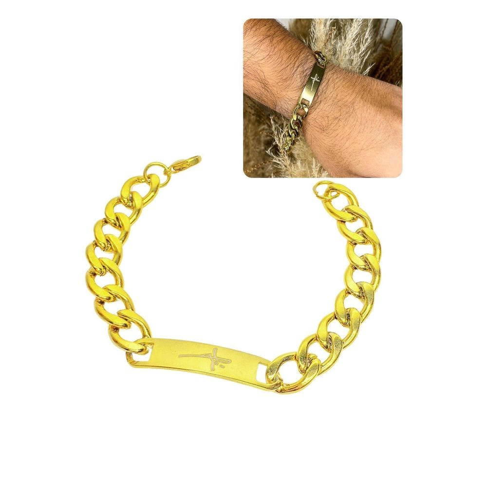 Pulseira Masculina Dourada Grumet Grossa Placa Escrito Fé