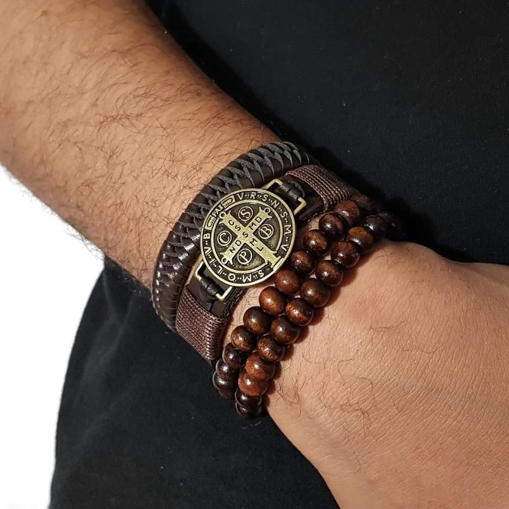 2X Pulseira Masculina De Couro Medalha São Bento Kit C/04