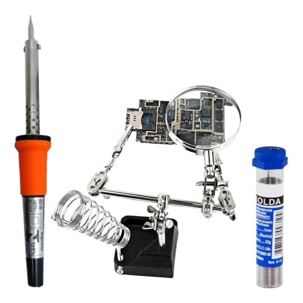 2X Kit Eletronica Ferro De Solda Soldador Estanho Lupa Garra