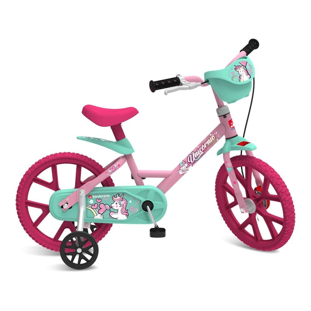 Bicicleta Infantil Aro 14 Unicórnio Rosa e Verde Bandeirante