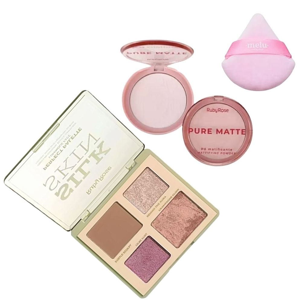 Kit de maquiagem Paleta Contorno Blush Iluminador + Pó + Esponja para Pele Clara