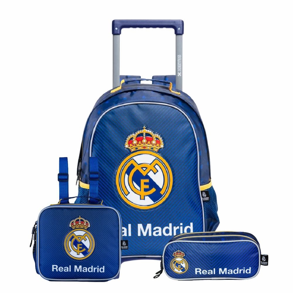 Mochila de Rodas Real Madrid Lancheira Térmica Estojo Duplo