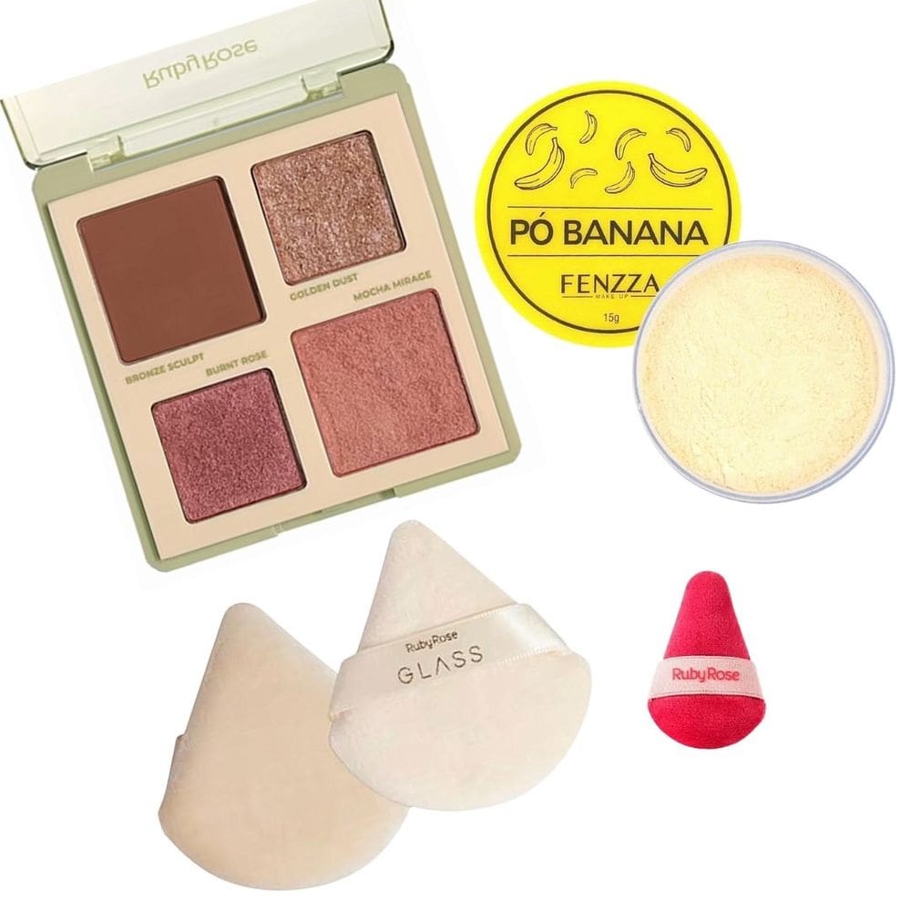Kit de maquiagem Paleta Contorno Blush Iluminador + Pó + Esponja para Pele negra e Media