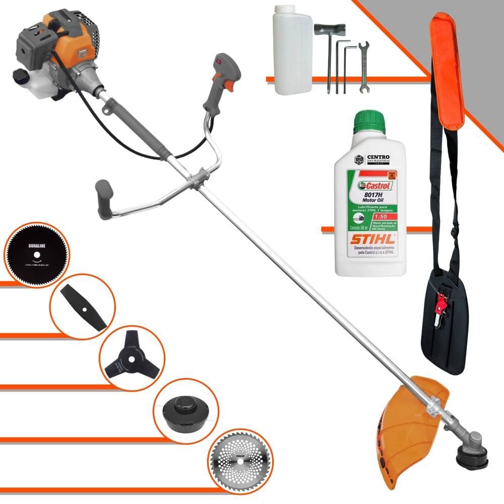 Roçadeira Cortador de Grama Lateral À Gasolina Tekna RL430P 43cc 1,7HP Completa 5 em 1 Com Carretel + 4 Lâminas de Corte + ÓLEO STIHL 2 Tempos