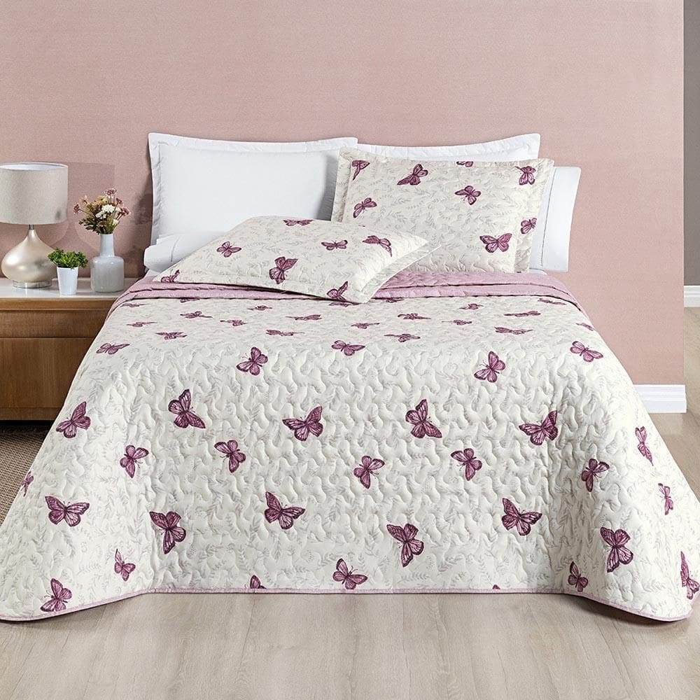 Kit Colcha Celi Casal Dupla Face 200 Fios 3P Borboletas Rosê
