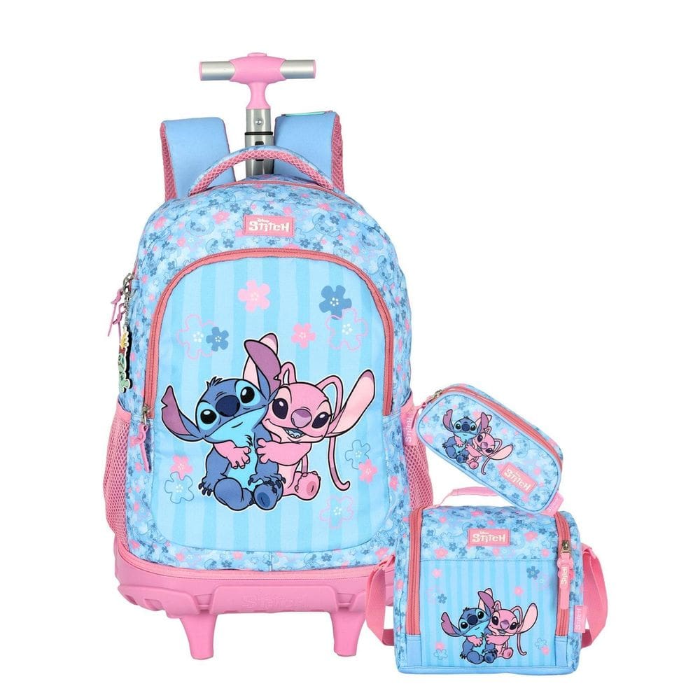 Kit Lilo Stitch Mochila Rodas + Lancheira + Estojo Triplo