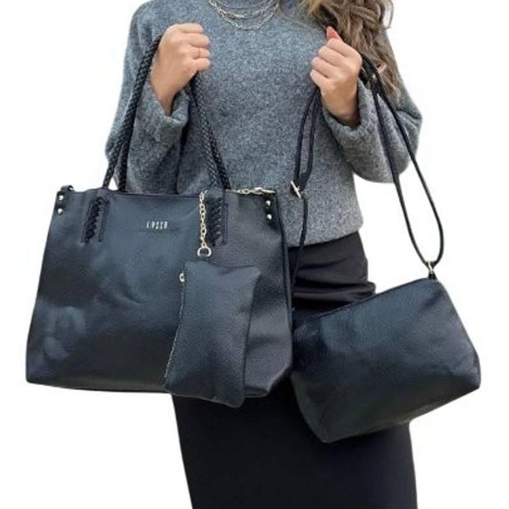 Kit 3 Peças Bolsa Feminina Preta Grande E Média + Necessarie