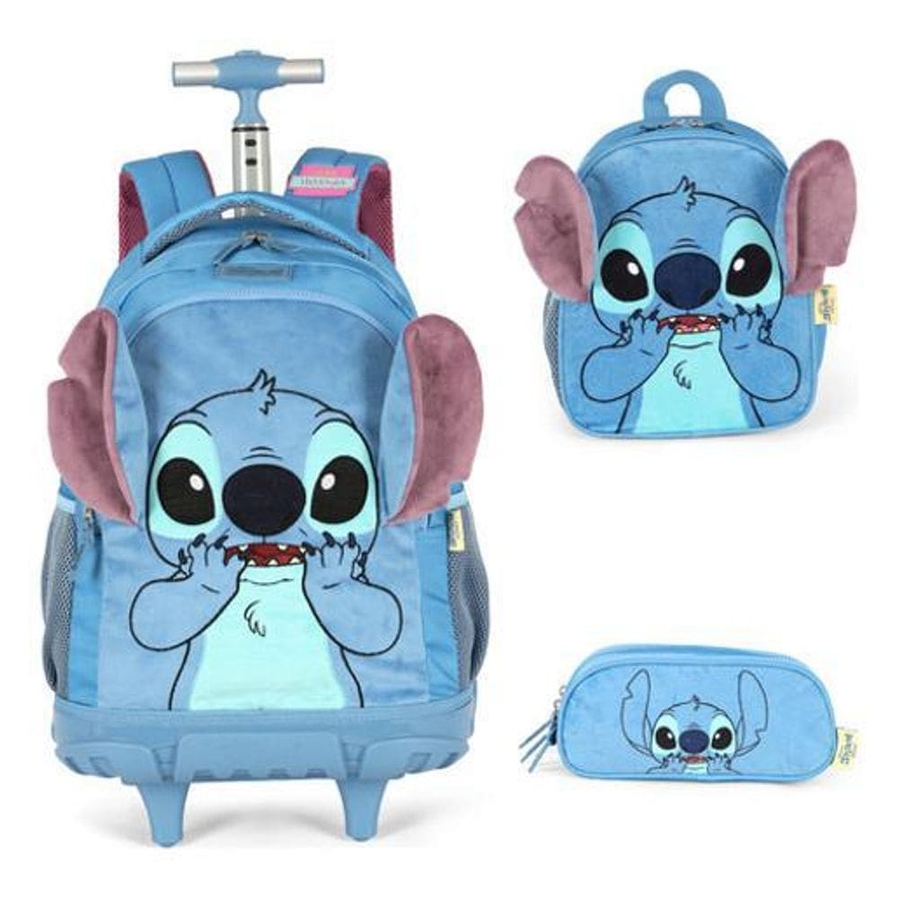 Kit Mochila Com Rodinhas Stitch E Angel Orelha 3D