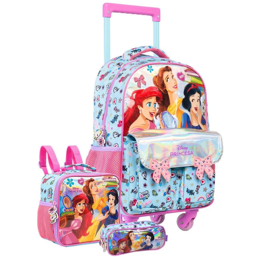 Kit Princesas Luxo Mochila 4 Rodas Costas + Lancheira Estojo