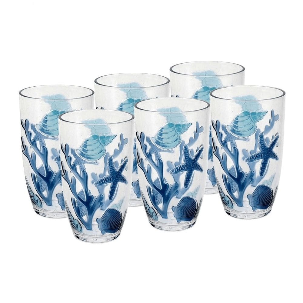 Cj 6 Copos Altos de Acrílico C/Detalhes Fundo do Mar Azul 680ml Entrecasa
