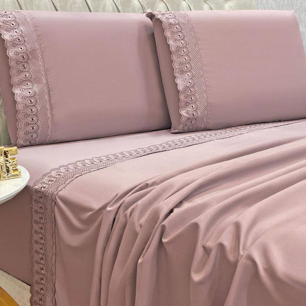 Conjunto Cama Casal Queen Size Lily 04 Pç Bordado 300 Fios