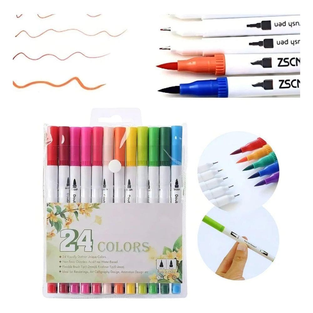 Kit Canetinhas Brush Pen 24 Cores Duas Pontas Scb-24 001-24