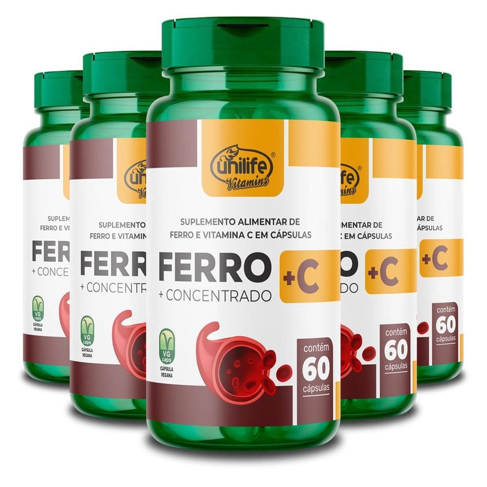 Kit 5 Ferro Com Vitamina C Unilife 60 Cápsulas
