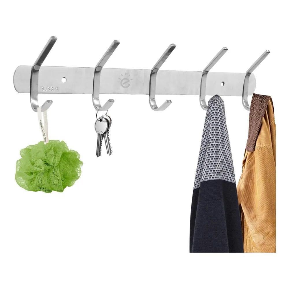 2X Cabide Suporte 5 Ganchos Pendurar Multiuso Parede Aço Ino
