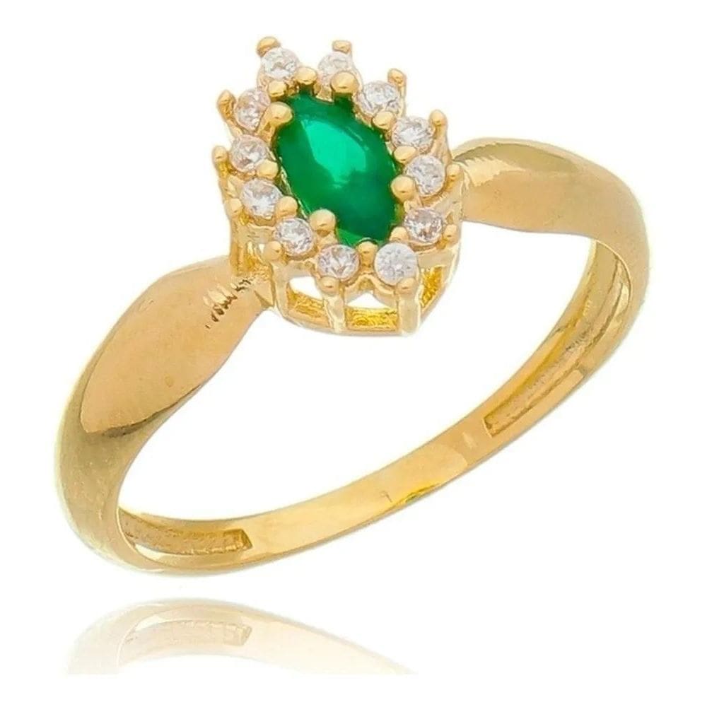 2X Anel Navete Com Pedra Verde Zirconia Banhado A Ouro  +