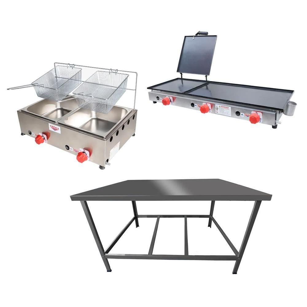 Kit Lanchonete Mesa de Manipulação 100x55cm + Fritadeira a Gás 2 Cuba + Chapa a Gás 90cm Alcamar