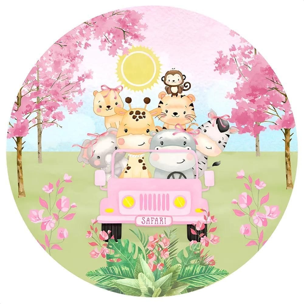 Painel Redondo Sublimado 1,5M Festa Tecido Elá - Safari Rosa