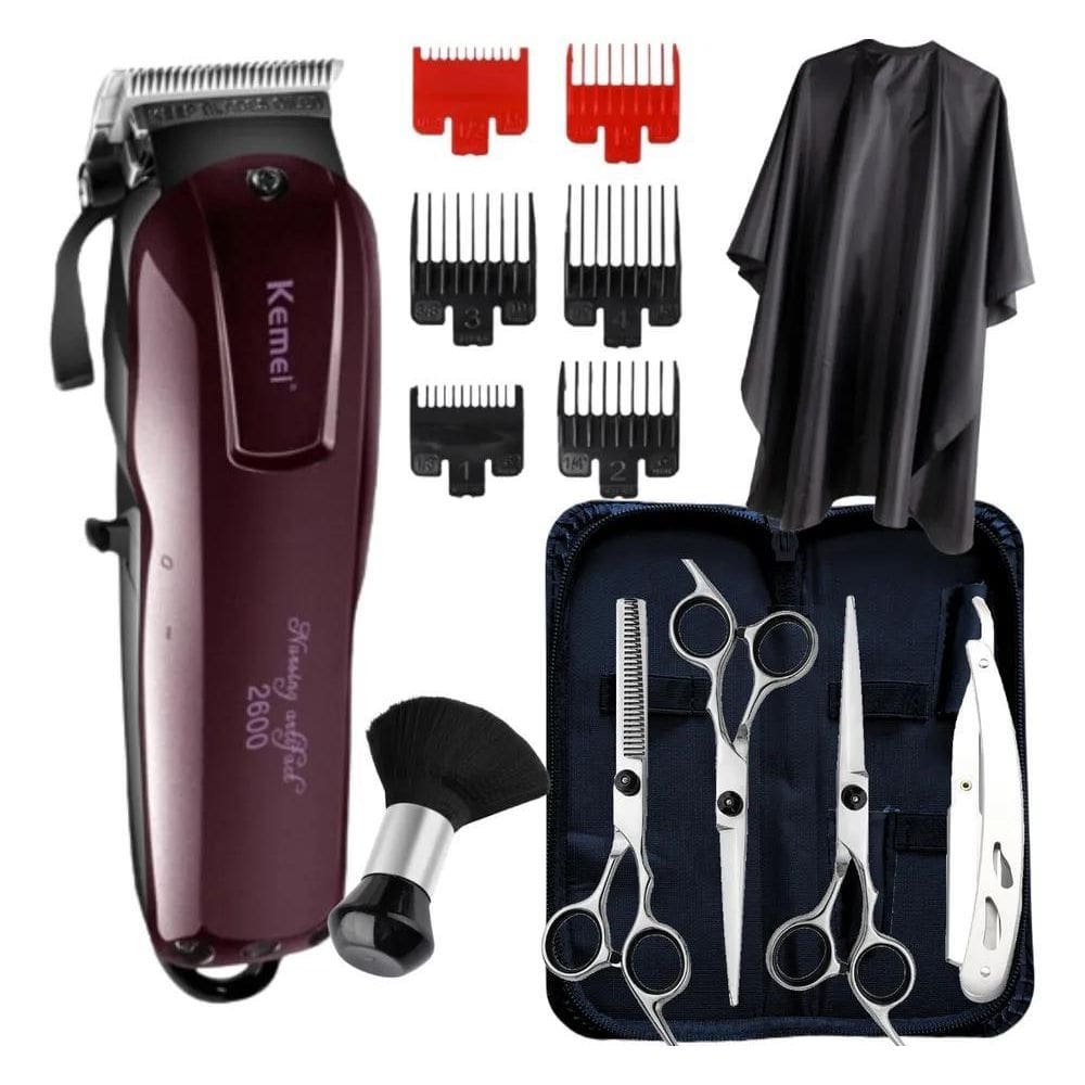 2X Kit Maquina Cortar Cabelo E 3 Tesouras Barbeiro Profissio