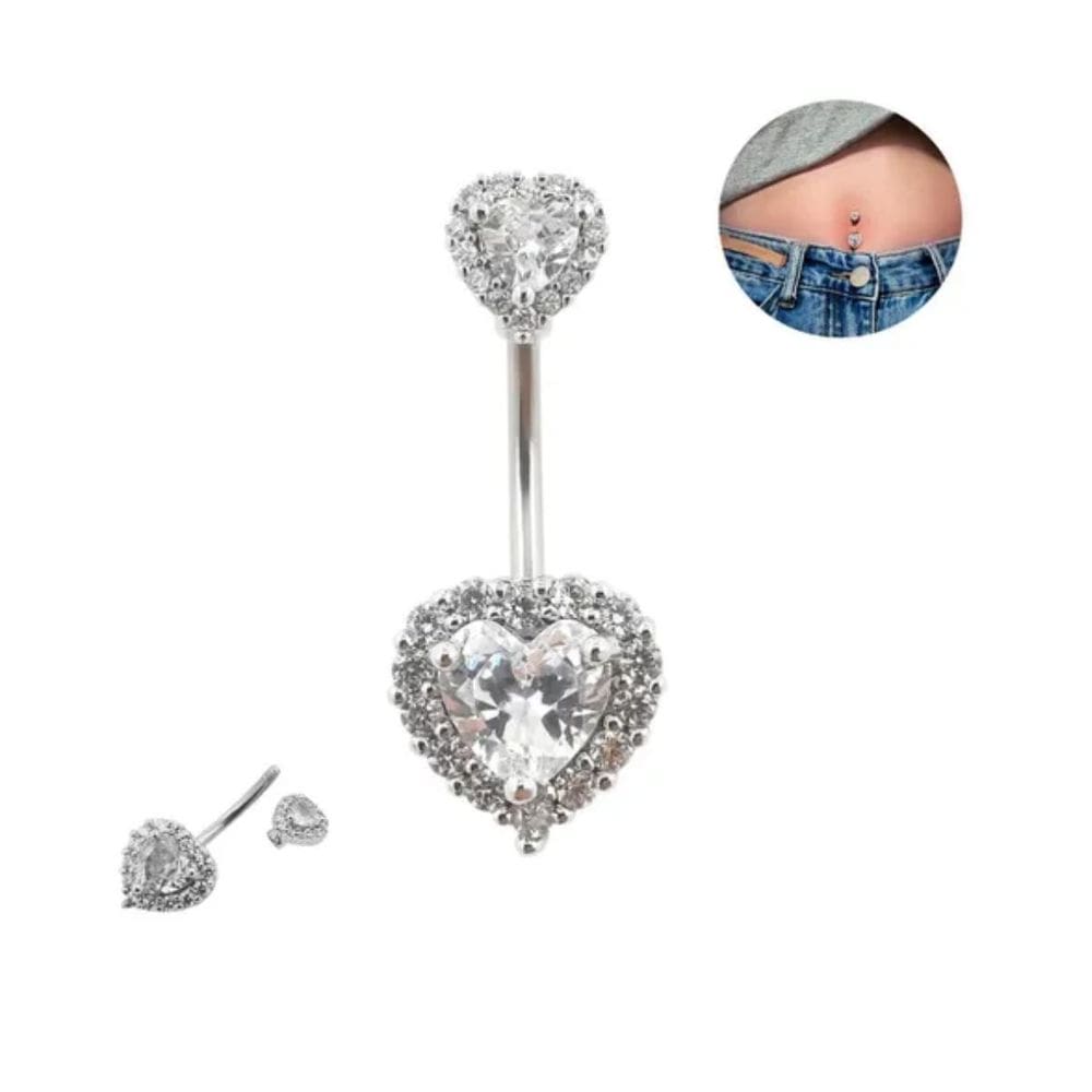 Piercing Umbigo Coração Cravejado 2 Pontas Prateado