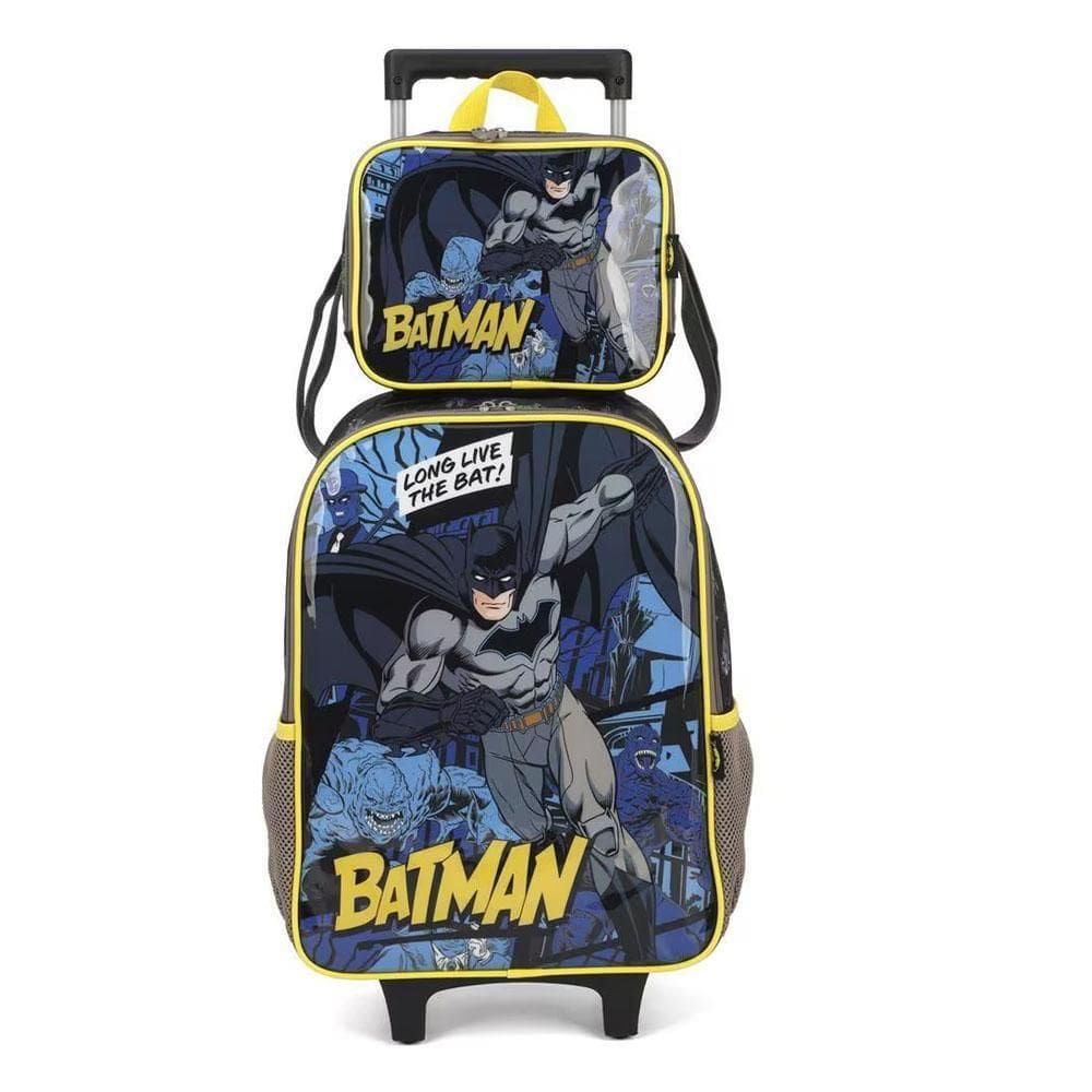 Kit Mochila Rodinhas Alça + Lancheira Batman Preto Luxcel