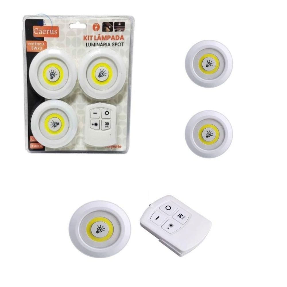 Kit 3 Lâmpadas Led Spot Controle Remoto Sem Fio Closet