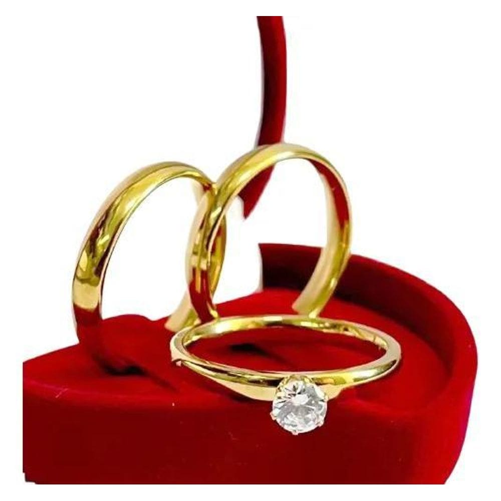 2X Par Alianças Banhada À Ouro 18K Casamento + Anel De Noiva