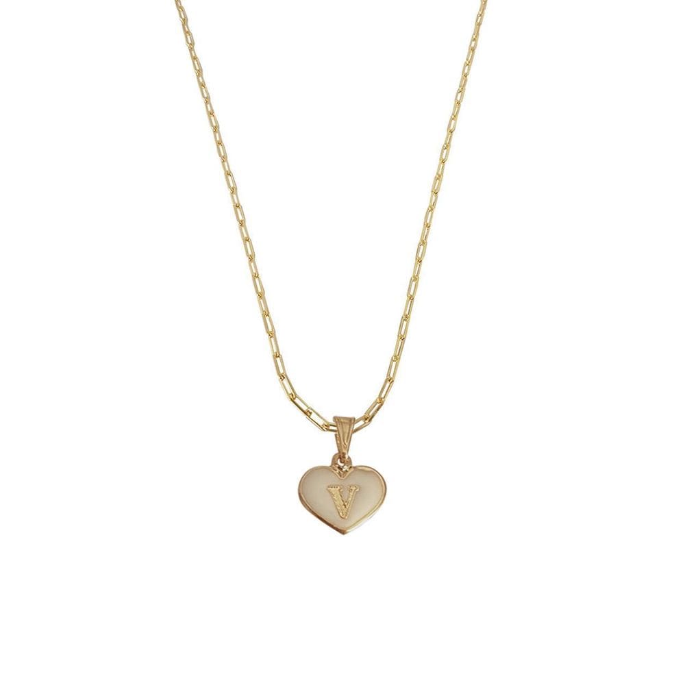 Colar Cartier 60Cm Coração Branco Letra V Banhado Ouro 18K