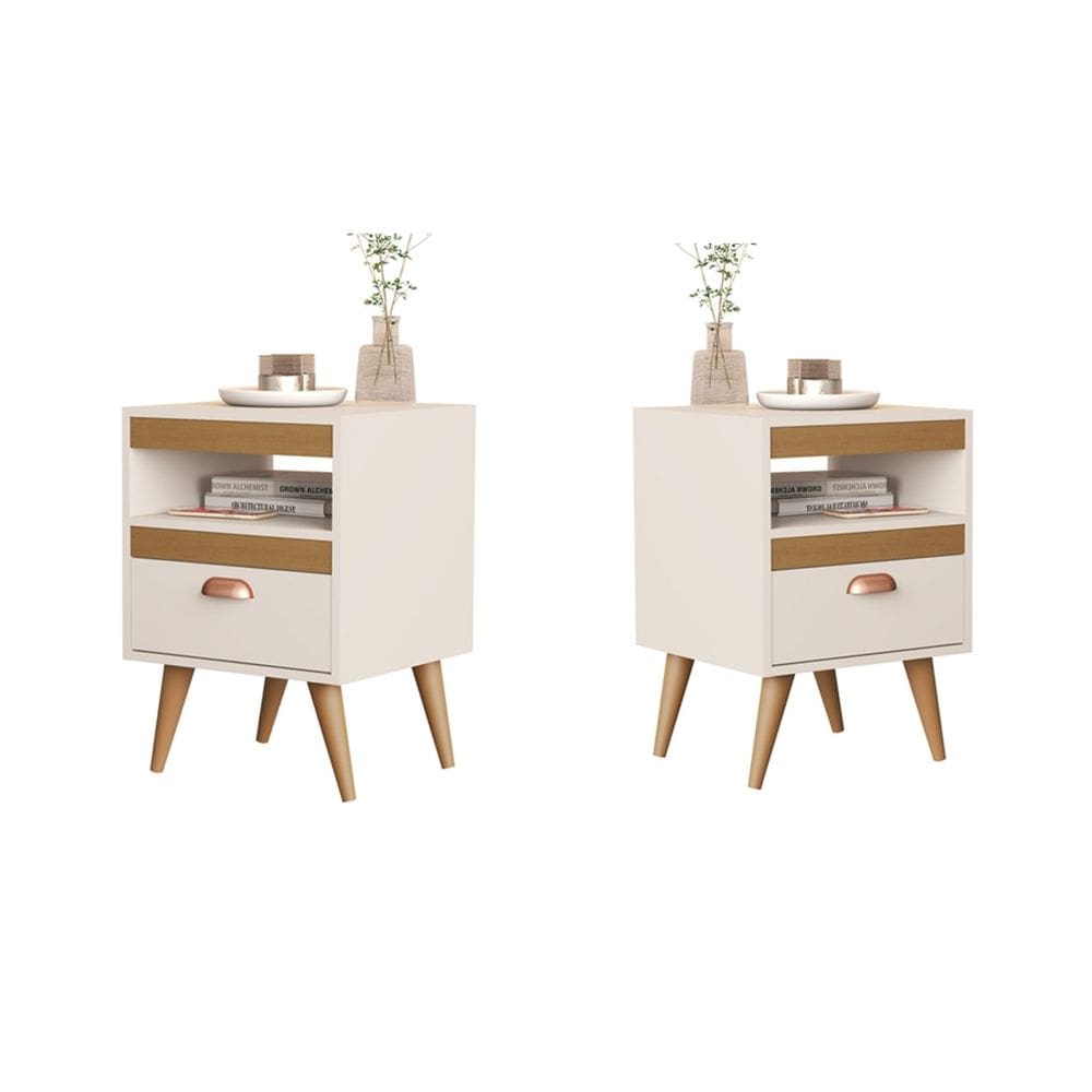 Kit 2 Mesas Cabeceira Sal Plus Pés Palito Off White / Nature