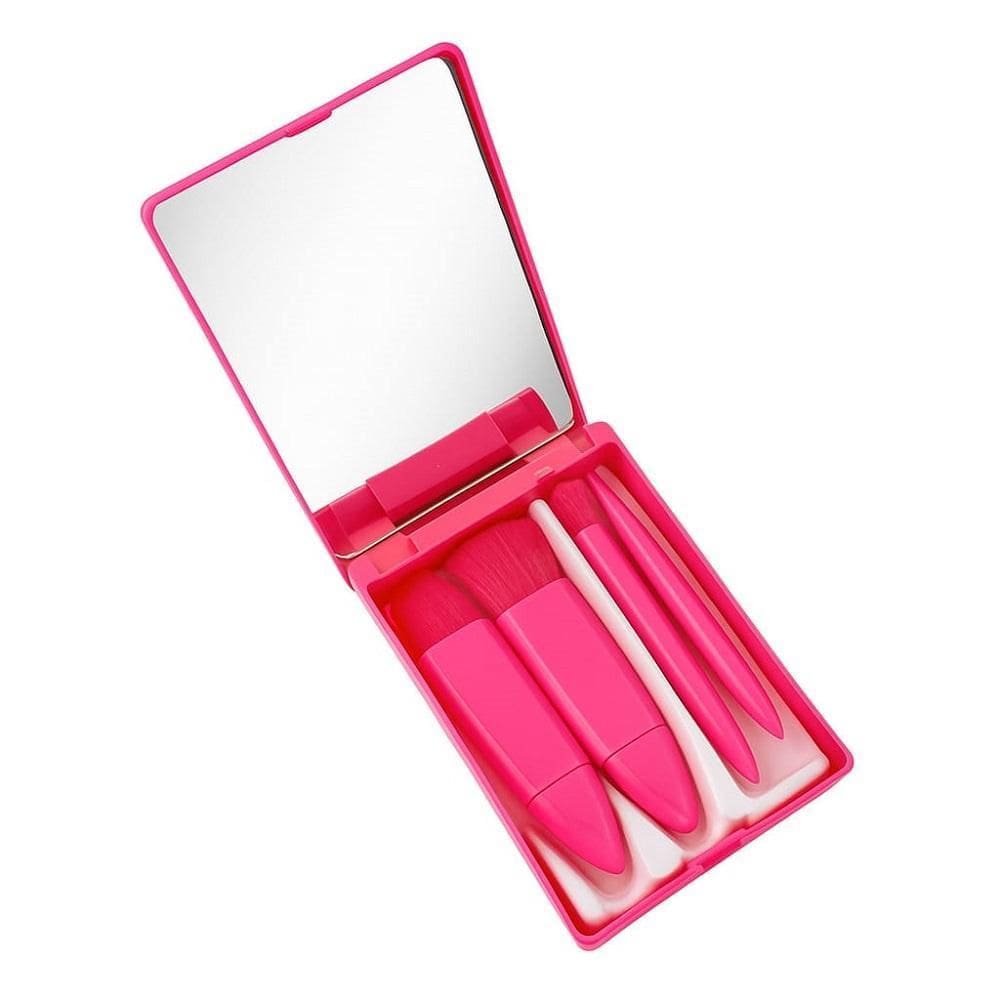 Kit Estojo Com 5 Pinceis Macios De Maquiagem E Espelho Luxo