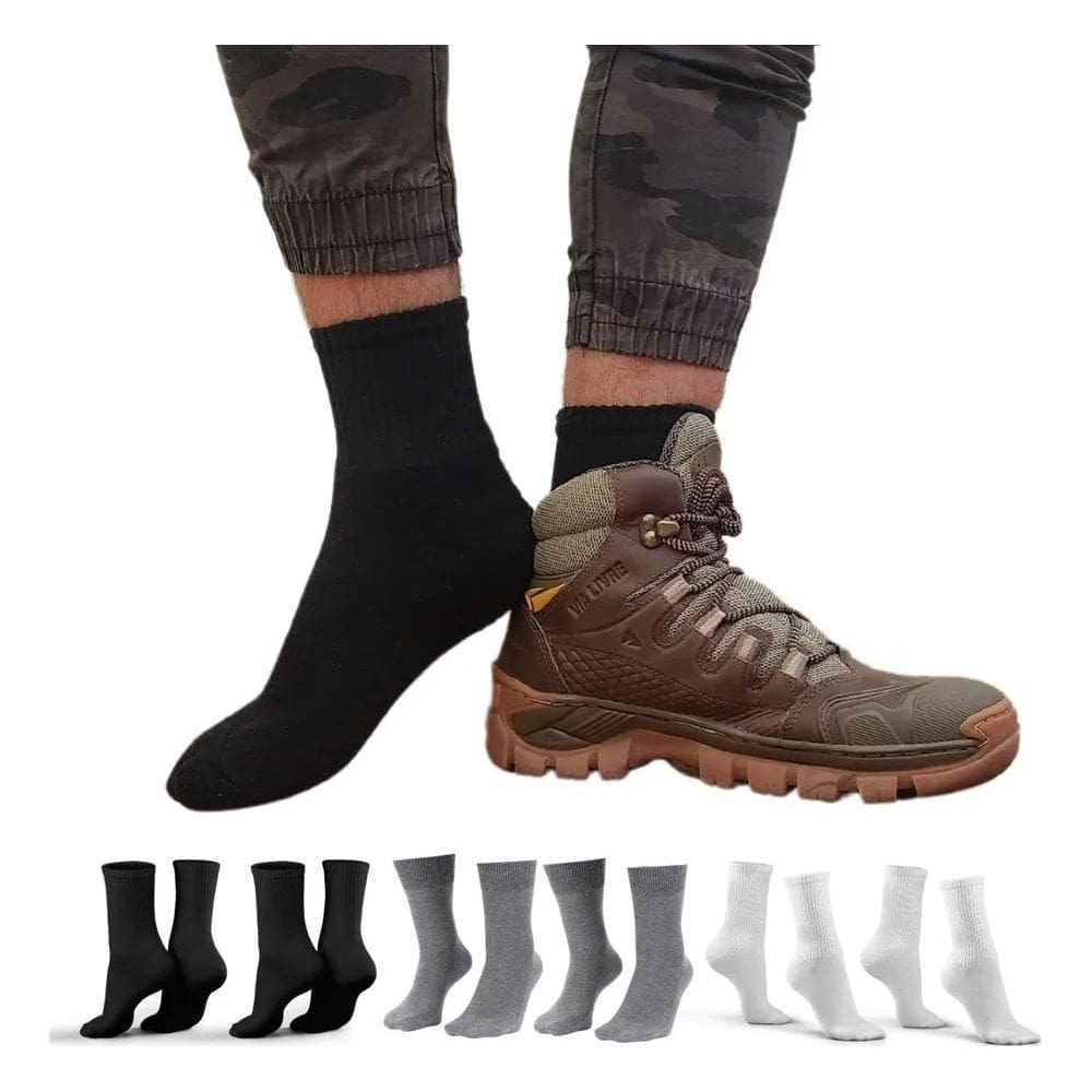 2X Kit 6 Pares Meias Masculina Cano Alto Algodão Longo Médio