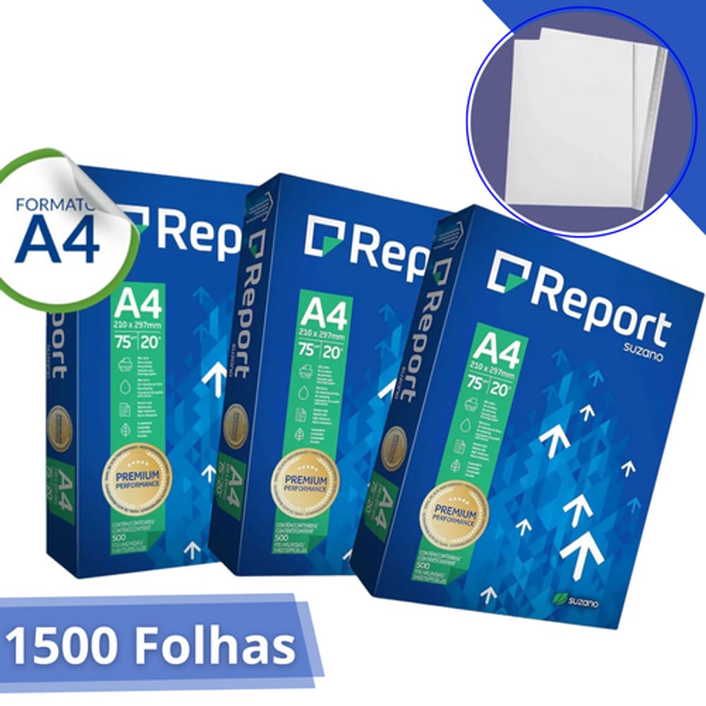 Papel Sulfite A4 Branco Report Premium 3 Resma de 500 Folhas - Total de 1500 Folhas