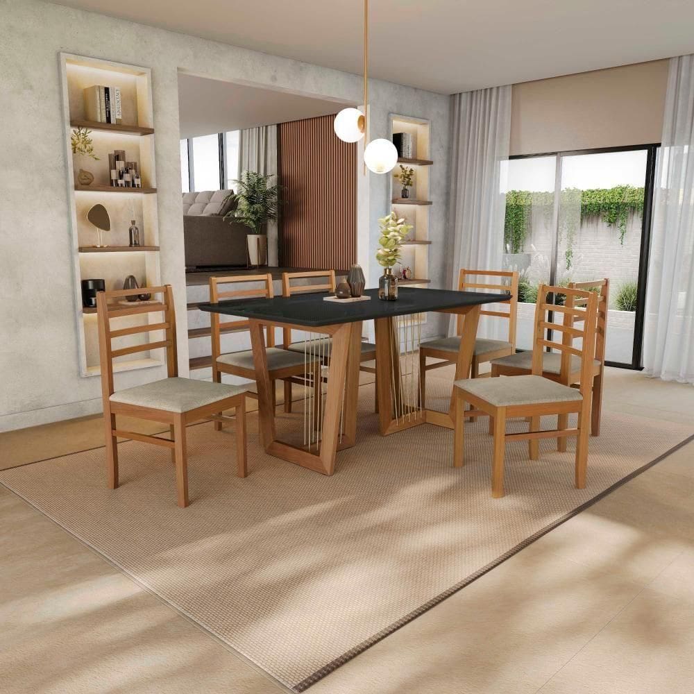 Conjunto Sala De Jantar Elisa Em Madeira Maciça 6 Cadeiras Linho Fendi