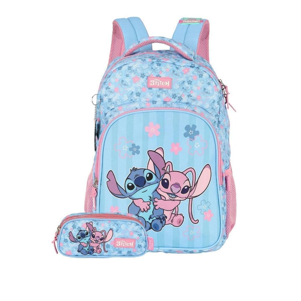 Kit Mochila Stitch Costas E Estojo Triplo Meninas Escolar