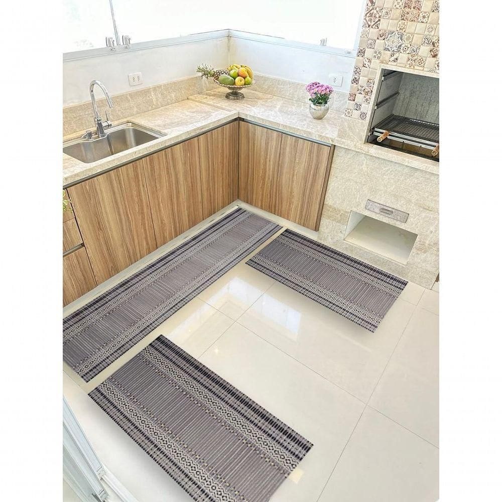 Kit 3 Peças Jogo Cozinha Passadeira Emborrachada Não Derrapa Barrado Cinza